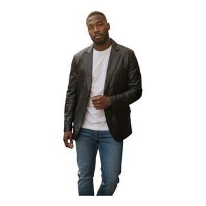 Decrum Mens Brandon Shiny Black Lambskin Leather Two Button Blazer Jacket Large